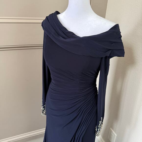 Mac Duggal Navy Beaded Cuff Drop Shoulder Faux Wrap Gown Size 4 $398 - Picture 3 of 11